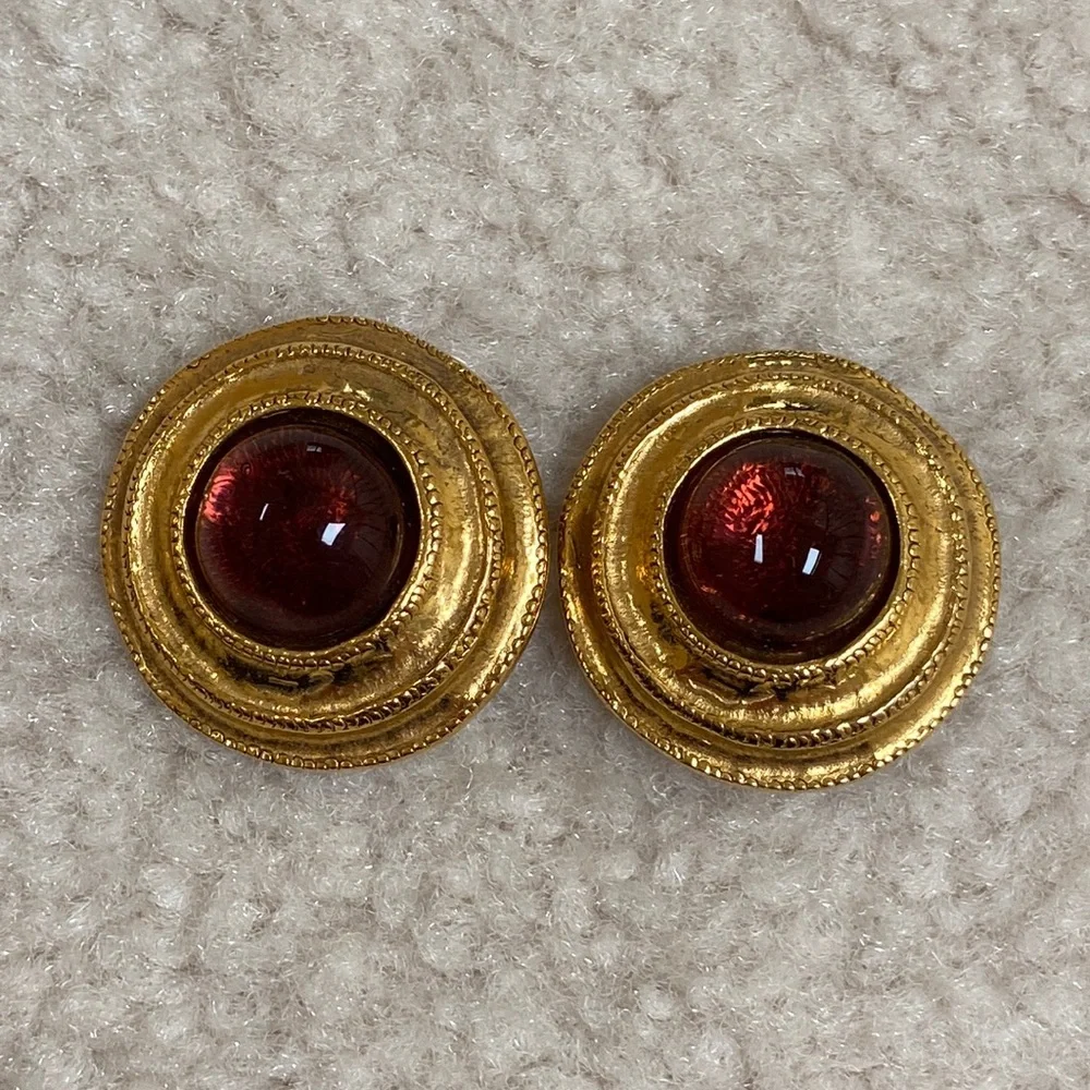 Vintage Chanel Gold Tone Clip On Earrings w/ Cranberry Glass